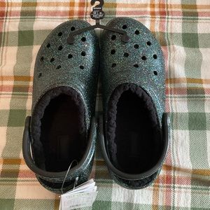 Black glitter fleece lined crocs